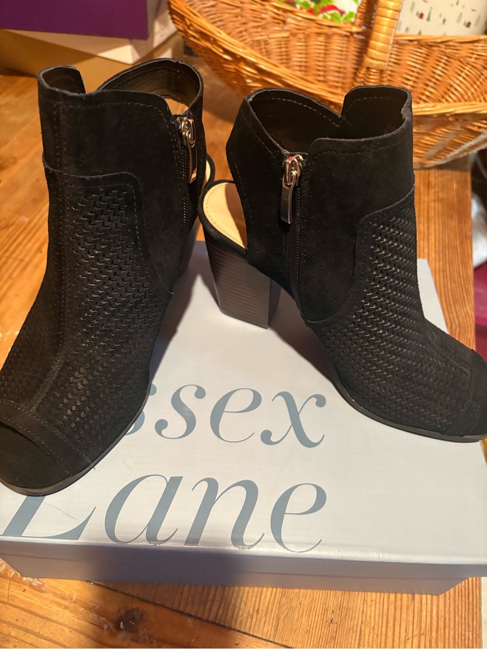Essex Lane Black Suede Perforated Peep-Toe Block Heel Booties